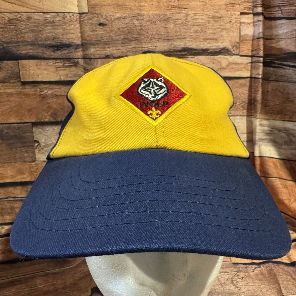 Boy Scouts BSA Cub Scouts Wolf Twill Cap Hat Navy Yellow S/M Snapback Vintage